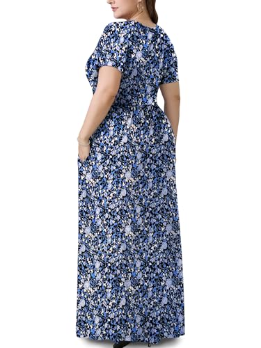 Image of PEVRL Plus Size Summer Maxi Dress for Curvy Women with Pockets 1X-5X | Short Sleeve, Twisted Front V-Neck, Summer Casual A Line Flowy Dress, Empire Waist Floral Print Beach Vacation Long Dress