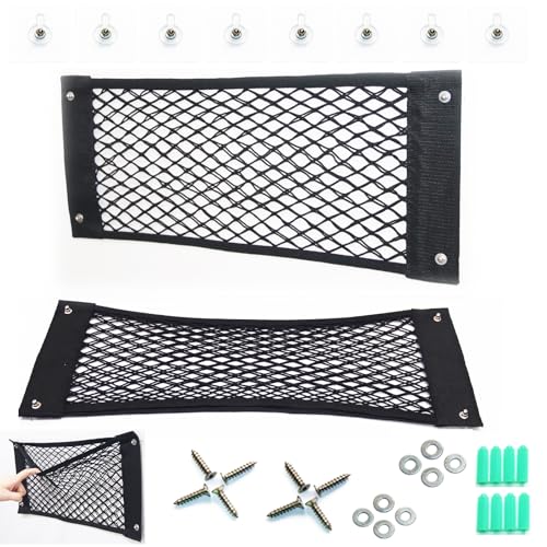 Camper Van Cargo Net Kofferraum Taschen Auto Klett mit 6 Montagearten & Metallösen Gepäcknetz zum Schrauben für SUV Wohnmobil Limousine & Kombi 2er Set (55x25cm)