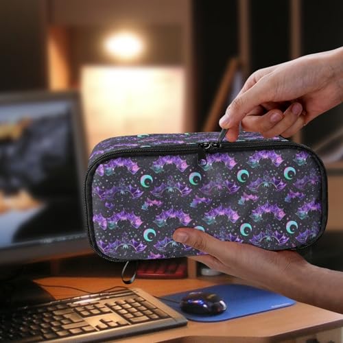 Image of Bat Star Moon Pencil Case for Kids Halloween Large Pencil Pouch for 3-16 Years Boys Girls Pencil Organizer for Children Personalized Pencil Bag with Mesh Pocket and Protable Handle