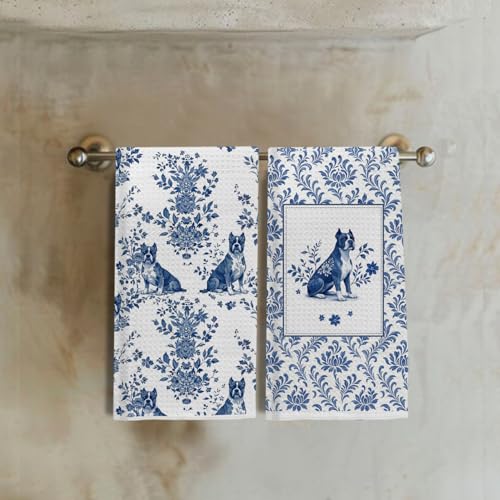 Image of Chinoiserie Boxer Dog Kitchen & Hand Towels Set of 2, Blue and White Floral Dog Dish & Tea Towels for Farmhouse Kitchen Bathroom Decor,Vintage Toile Dog Lover Gifts for Women 16x24 Inch