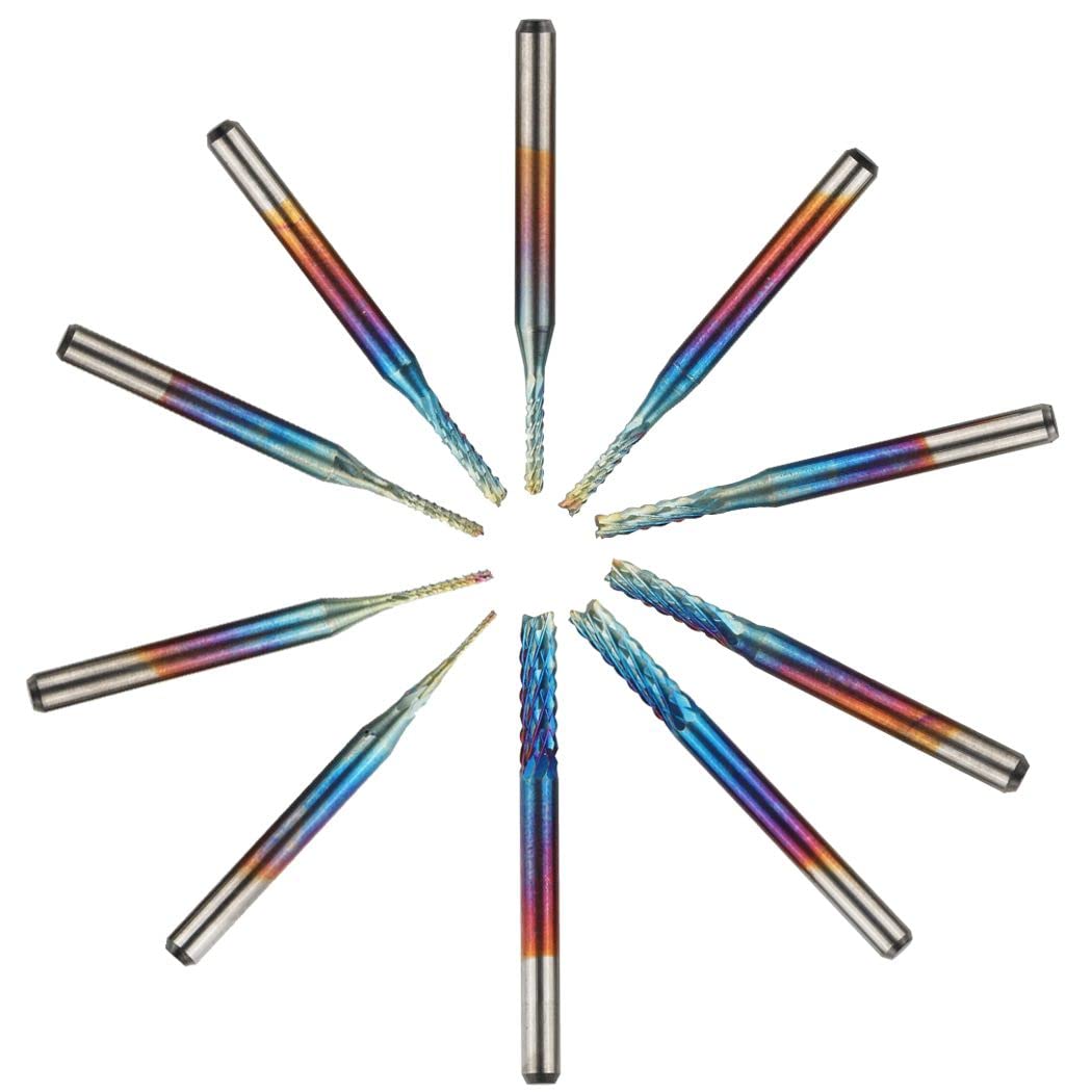 Treki 10pcs Jeu de Fraise Bavures CNC Carbure de Tungstène Nano Bleu, Tige 3MM Fraises en Bout pour Machine de Gravure Carte de Circuit Imprimé PCB SMT