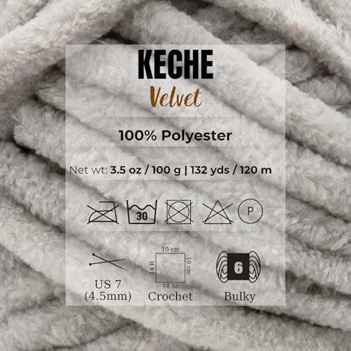 Image of Keche Velvet Yarn for Crocheting, Soft Chenille Bulky Baby Blanket Amigurumi Yarn 100 gr (132 yds) 3 Skeins - Light Gray