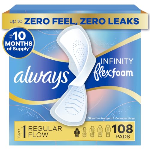 Always Infinity Feminine Pads for Women, Flexfoam Pads with Wings, Size 1, Regular Absorbency, Unscented, 108 Count (3 Packs of 36) - image 1