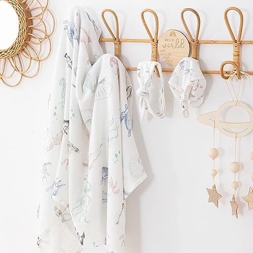 Image of BabyWhale Muslin Swaddle Blanket with Hat and Headband Bow, Marine Animals Pattern Swaddle Set for Baby Boys ＆ Girls, Unisex Newborn Soft Receiving Swaddle Wrap, 47x47 inches
