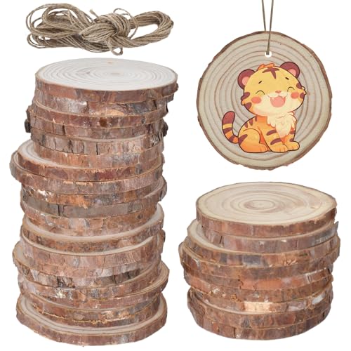 Marjoramy 30 Piezas Rodajas de Madera Círculos, Maderas Naturales Perforado, Rodajas de Madera Natural 6-7 cm Discos, Discos de Madera con 10m Cuerdas, Rebanada Natural para Troncos Madera Decoracion