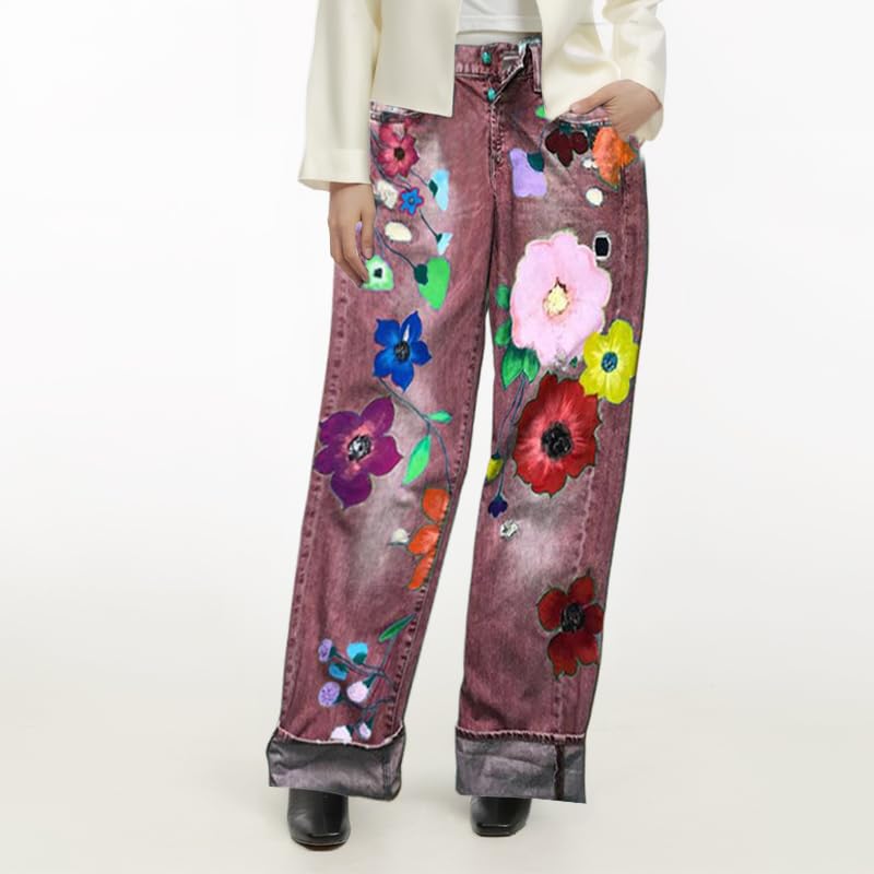 TIAFORD Women's Fashion Flower Graphic Washed Jeans Casual Chic Floral Print Straight Leg Denim Pants Zipper Trousers Outfits2