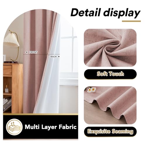 Image of PrinceDeco Blackout Curtains Linen Blended 96 Inch Long Room Darkening Black Out Curtains for Living Room with Natural Slubs & Grayish (Not Solid) Thermal Insulated Grommet 2 Panels - Heathered Pink