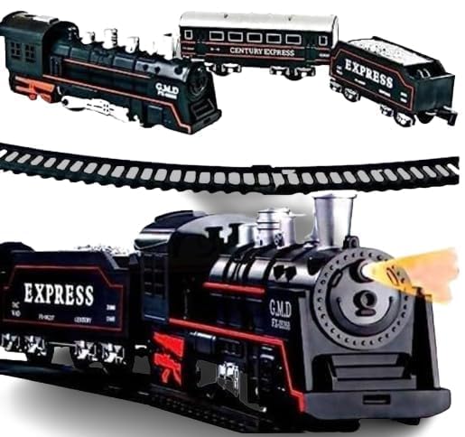 Image of Braintastic Rail King Electric Train Set for Kids|16-Piece Classic Track Set with Light, Sound & Smoke|Rechargeable Battery Operated Track Train Toy for Boys & Girls
