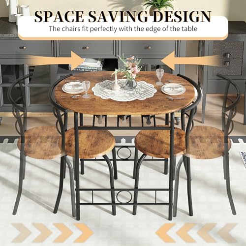 Image of VECELO 3-Piece Dining Table Set for Kitchen Breakfast Nook, Wood Grain Oval Tabletop and Metal Frame with Built-in Wine Rack, for Small Spaces, Antique Brown & Black