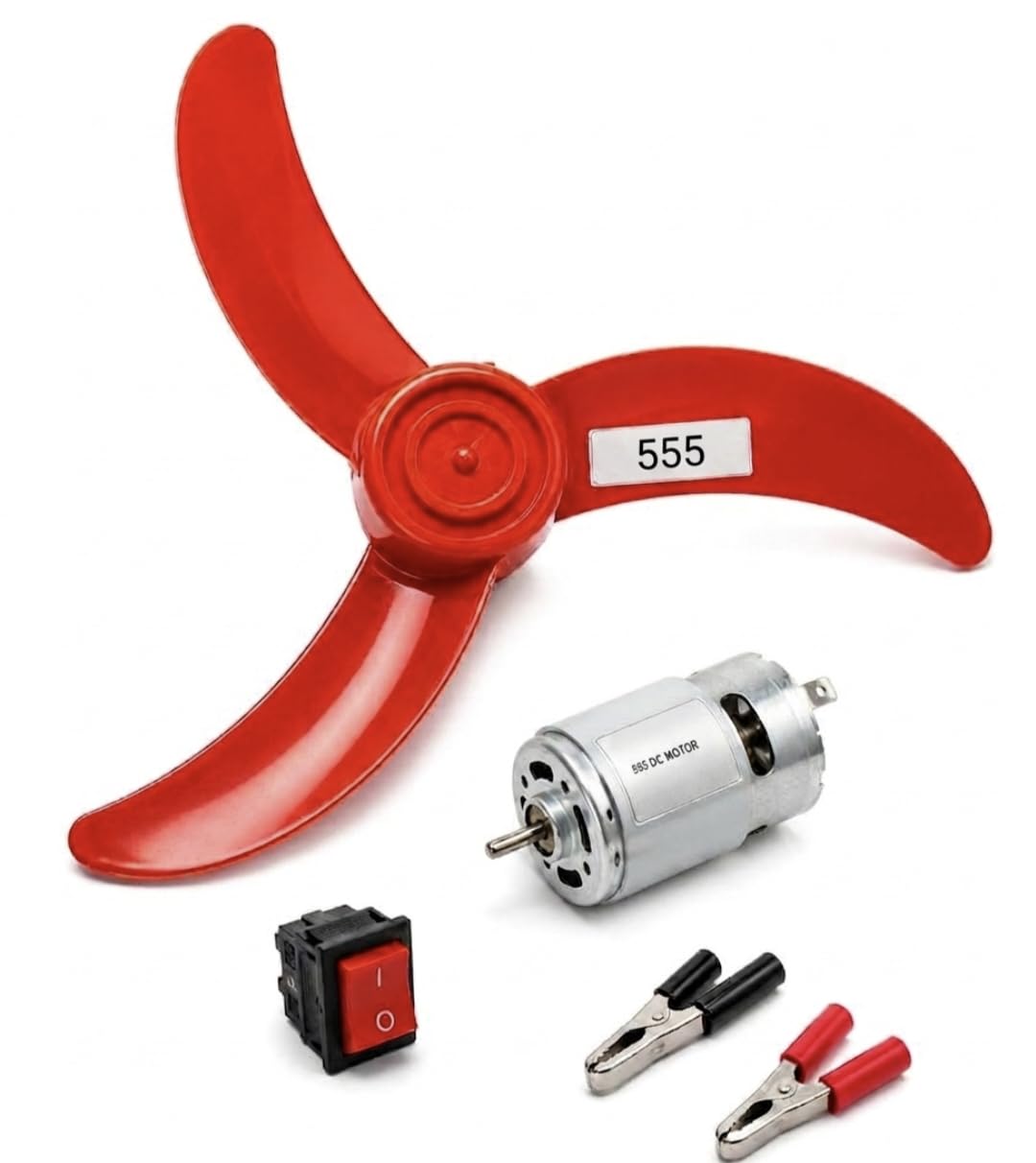 555 dc motor 12v combo kit with 3-blade fan | 100% copper winding, 12 inch fan blade, on/off switch included, 2 battery clip connectors, easy to install