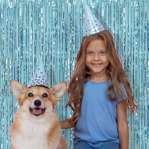 Image of 5 Pack Blue Fringe Backdrop 3.2ft x 8.2ft Foil Curtain Tinsel Foil Fringe Curtains Photo Booth Props for Mermaid Birthday Under The Sea Party Decorations Teal Blue Tinsel Backdrop Streamers (Blue)