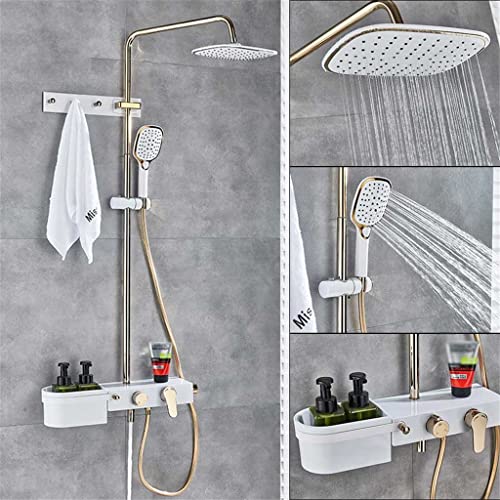 Xxxdxdp Golden White Shower Mixer System Wall Mount Storage Shelf Bath Shower Set Faucet Single Handle In Wall Hooks 8" Rain Shower Taps #TOP1
