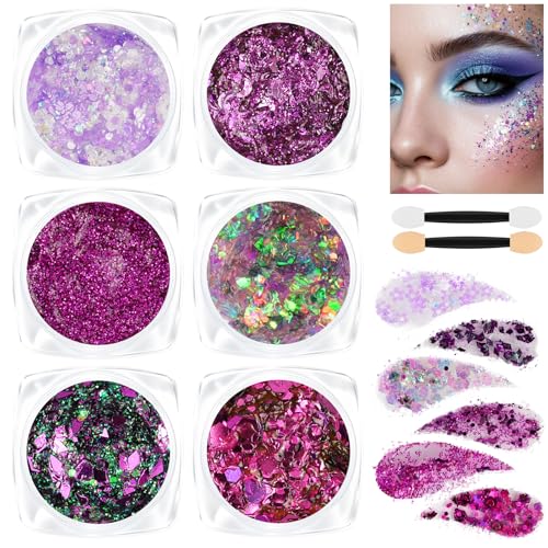 AOOWU Gel roxo, 6 peças brilhantes para o rosto, gel corporal com purpurina para rosto e corpo, auto-adesivo, carnaval Glitter maquilhagem para festival, máscara e festa (roxo)