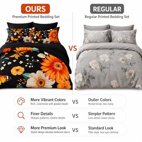 Image of BOV Textile Black Floral Comforter Set, Queen, 7-Piece Bed in a Bag | 7-Piece Queen Bed in a Bag with a 90 x 90 in Puffy Comforter, Floral Shams, Sheets, Pillowcases and 14 in Fitted Sheet