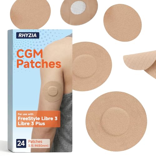 RHYZIA Freestyle Libre 3/Libre 3 Plus Sensor Covers Non-Adhesive Center Acrylic Pressure-Sensitive Adhesive Breathable Waterproof Latex-Free 24-Pack CGM Adhesive Patches Low-Profile Fit (Nude)