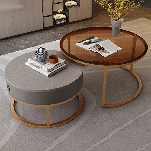 Juego de 2 mesas de centro redondas modernas con compartimentos: tablero de vidrio con cajón, elegante estructura de metal, ideal para sala de estar y dormitorio, elegante sofá y mesa de té.