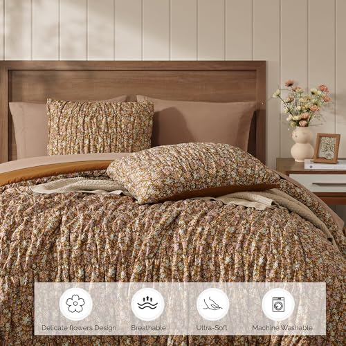 Full Size Comforter Sets-7 Pieces Puff Brown Floral Bedding Set for All Seasons, Shabby Chic Farmhouse Bed in a Bag Full with Floral Comforter, Sheets, Pillowcases & Shams