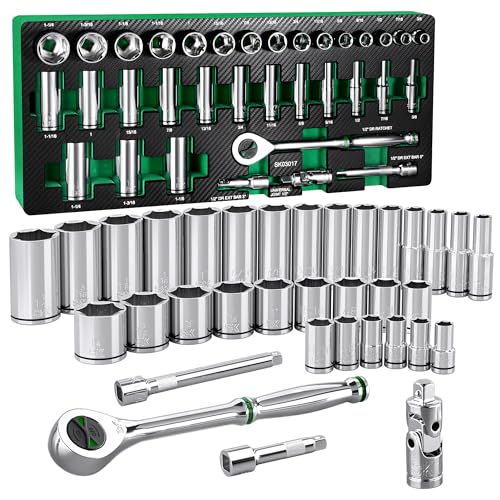 SK 1/2' Drive Socket Set with 160-P Ratchet, 34-Piece, SAE, SuperKrome Finish, Premium CR-V Construction, with EVA Foam Tool Organizer