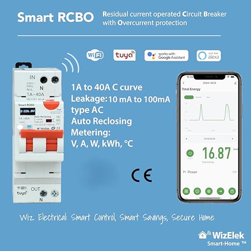 Wi-Fi RCBO/FI/LS-Schalter Typ AC 10-100mA einstellbar mit Auto-Wiedereinschaltung & Display - 1-40A, 9 kW - Tuya App mit Schutz: Strom, Leistung, Spannung, Temperatur, Über-/Unterspannung
