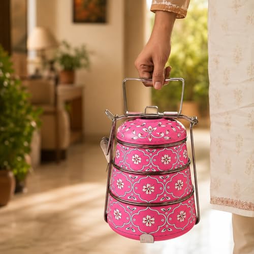 Image of iHandikart Handpainted Decorative Lunch Box Tiffin | Multiple Tier Stainless Steel Food Box | Designer Indian Print Tiffin for School | Diwali Gift, Navratri Gift (Color - Multicolor)