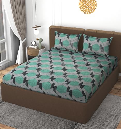 Image of VOMZER 320 TC Cotton Feel All Around Elastic Fitted Bedsheets Double Queen Size, Premium Elastic Fitted King Size Bed Sheet for Double Bed with 2 Pillow Covers, Size- 72 inch x 72 inch
