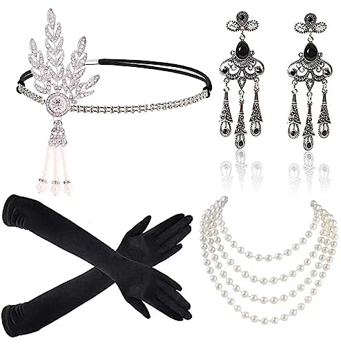 Genérico Accesorio año 20 mujer, 6 accesorios Gatsby para disfraz conjunto Charleston Accesorios para mujer para mascarada Halloween Navidad (silvery)