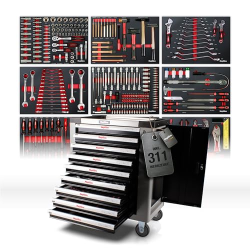 Mephisto Servante d'atelier avec 9 tiroirs, dont 9 tiroirs avec outils tels que clé, cliquet avec boîte à noix, incrustations souples aspect carbone