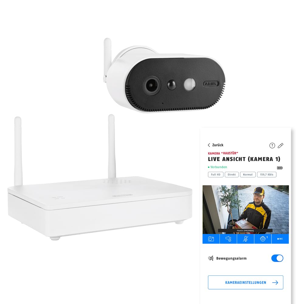 ABUS Akku-Kamera Pro mit Basisstation (PPIC91000) – Smarte kabellose Überwachungskamera mit Weißlicht-LED