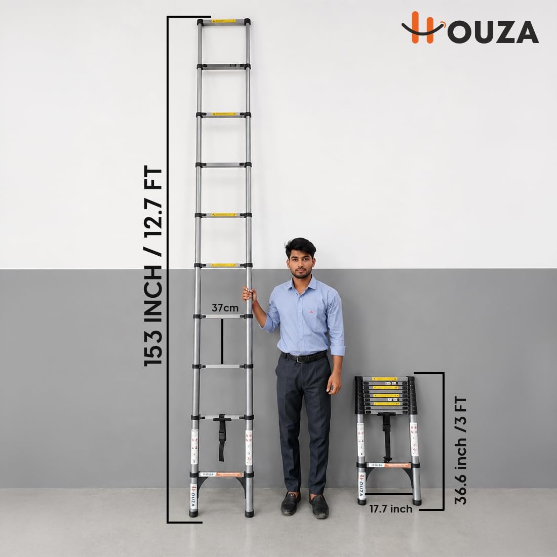 HOUZA 3.9m (13 ft) Steel Telescopic Ladder | 10-Step Foldable Extension Ladder | Portable & Collapsible Ladder for Home, Industrial & Outdoor Use | EN131 Certified | 1 Year Warranty(Silver & Black) — Amazon image 2
