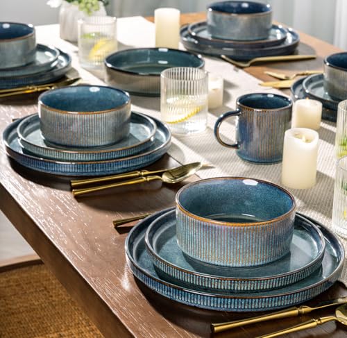 GBhome Steingut Geschirrset 8 Personen, 24-tlg Reaktive Glasur Handarbeit Steingut Geschirr Set, Mikrowellen- & Spülmaschinenfest Schüssel- und Teller Set,Weltraum Blau