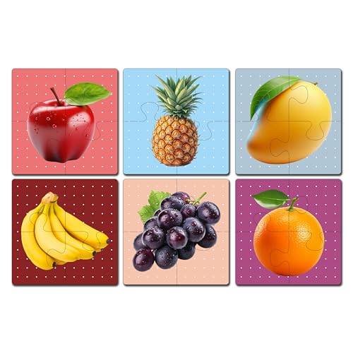 Image of Wooden Jigsaw Puzzle Set of 6 for Kids | Pack of 6 Puzzles with 4 Pieces Each | Learning Toy for 2 3 4 5 Year Old Boys & Girls (Fruits Theme)