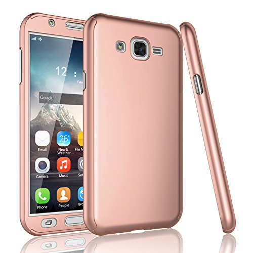 Tekcoo For Galaxy J7 Case, [T360 HY] Ultra Thin Full Body Coverage Protection Scratch Proof Hard Slim Hybrid Cover Shell With Tempered Glass Screen Protector For Samsung Galaxy J7 SM-J7008 [Rose Gold]