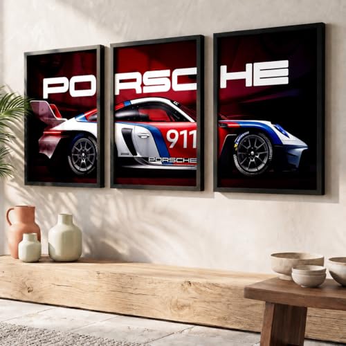 Image of HOMESY Sports Car Framed Posters Gift Items for Boys Room | Wall Decoration for Bedroom Living Room Office Gaming Room Decor | Sports Cars Poster with Frame for Wall Decor Set Of 3 Size (10x13 inch,BLACK)