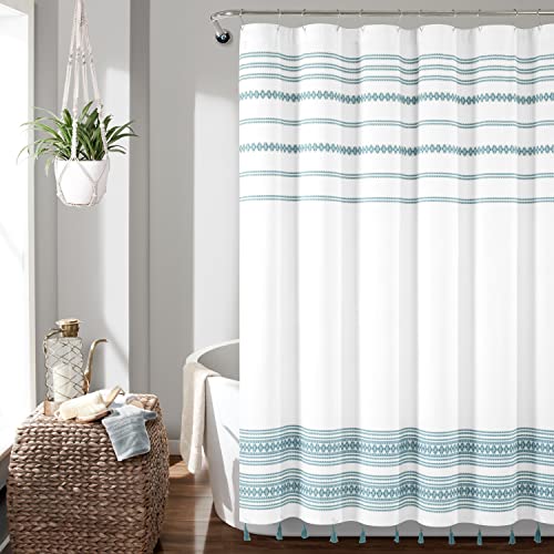 Lush Decor Breezy Chic Tassel Jacquard Cotton Blend Shower Curtain Single 72' W x 72' L Blue - White Shower Curtains for Bathroom - Boho Bathroom Curtain