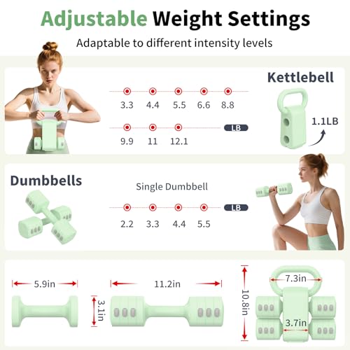 Image of Hezeyferg 2-in-1 Adjustable Dumbbells Set, 4 Levels Weight Dumbbells Set for Women Men, Each 2.2 /3.3 /4.4 /5.5lb Hand Weights with Kettlebell Form for Home Gym Exercise Training