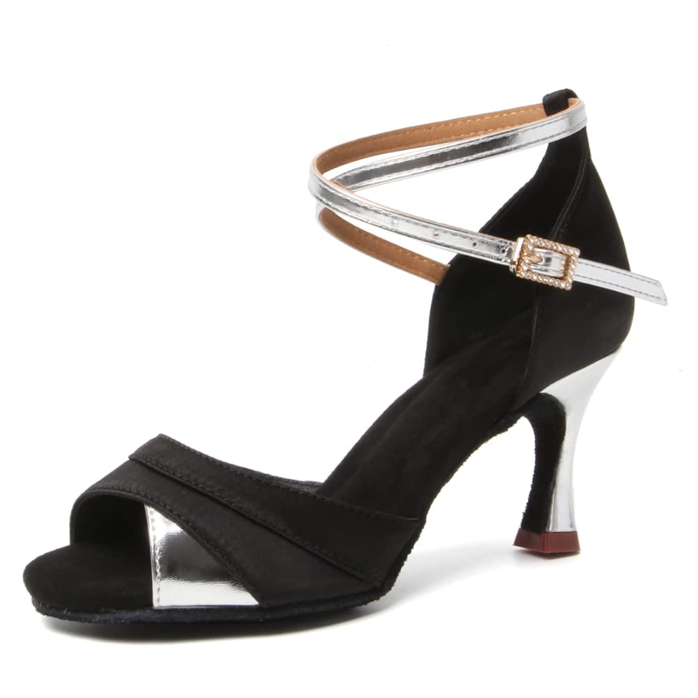 HIPPOSEUS Women's Latin Dance Shoes Open Toe Silver Ballroom Salsa Dance Practice Shoes 3 inch Heel,8.5 B(M) US