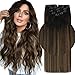Sunny Clip in Remy Hair Extensions Natural Black to Medium Brown Mixed Black Silky Human Hair Extensions Clip in 7pcs 120gram for Full Head Set 14inch