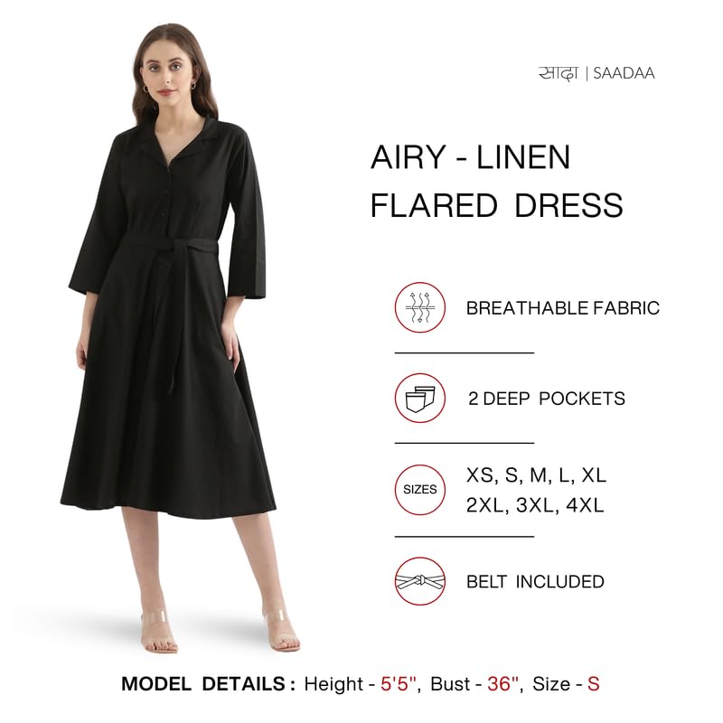Image of SAADAA Women Cotton-Linen Blend Flared Dress | Midi Dress with 3 /4 Sleeves, Adjustable Waist Belt & Pockets | Below Knee Casual Dress for Office, Travel & Everyday Wear