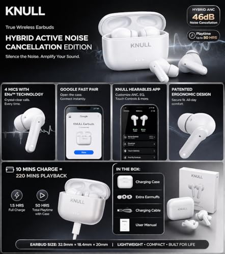 Image of KNULL Premium Wireless Earbuds, White, Active Noise Cancellation, Crystal Clear Sound, with Charging Case