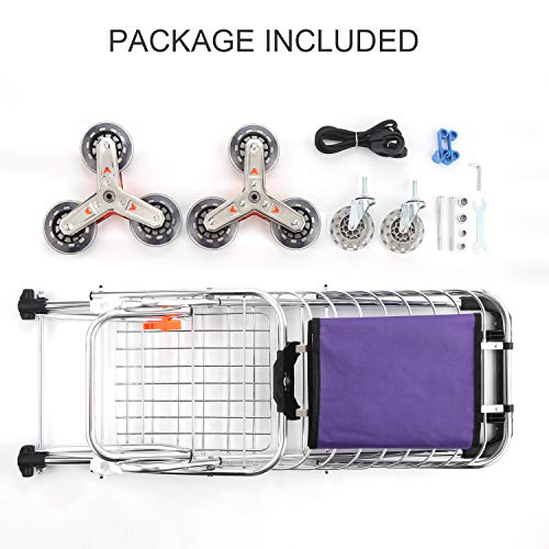 Shopping Cart,Stair Climber Cart,177lb/36L Large Capacity,Grocery Utility Cart,Aluminum Alloy Portable Foldable Trolley Cart,with 8 Rubber Wheel,with Shopping Bag,with Bungee Cord (Purple Bag)