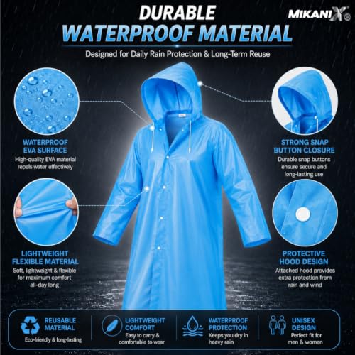 Image of MIKANIX Waterproof Hooded Raincoat for Men & Women | Full Length Reusable PVC Rain Wear | Lightweight Windproof Rain Jacket with Front Button Closure (Pack of 1)