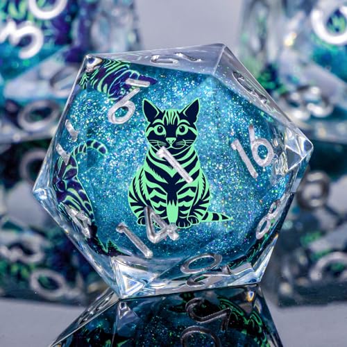KERWELLSI Cat Liquid Core DND Dice Set with Gift Box, 7Pcs Resin Dungeons Sharp Edge D&D Dice, Dragons D and D Role Playing Dice D20 D12 D10 D8 D6 D4, Blue and Light Green Cat