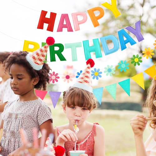 Image of CANREVEL 3 PCS Pre-Strung 3D Birthday Banner Decorations, Rainbow Flower