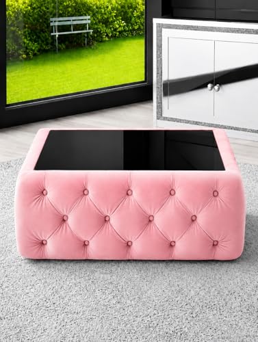 Image of Premium Tufted Upholstered Coffee Table with Mica Top - Modern Square Ottoman Center Table, Soft Velvet Finish, Luxury Living Room Furniture - 30 x 30 x 18 Inch (Pastel Pink)