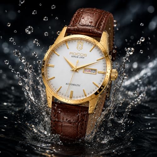 Image of ROCOSJEWE Men's Automatic Watch, Luxury Mechanical Watch for Men with Gold Case & Brown Leather Strap, 40mm Business Dress Watch with Day Date Display, Waterproof Analog Wristwatch
