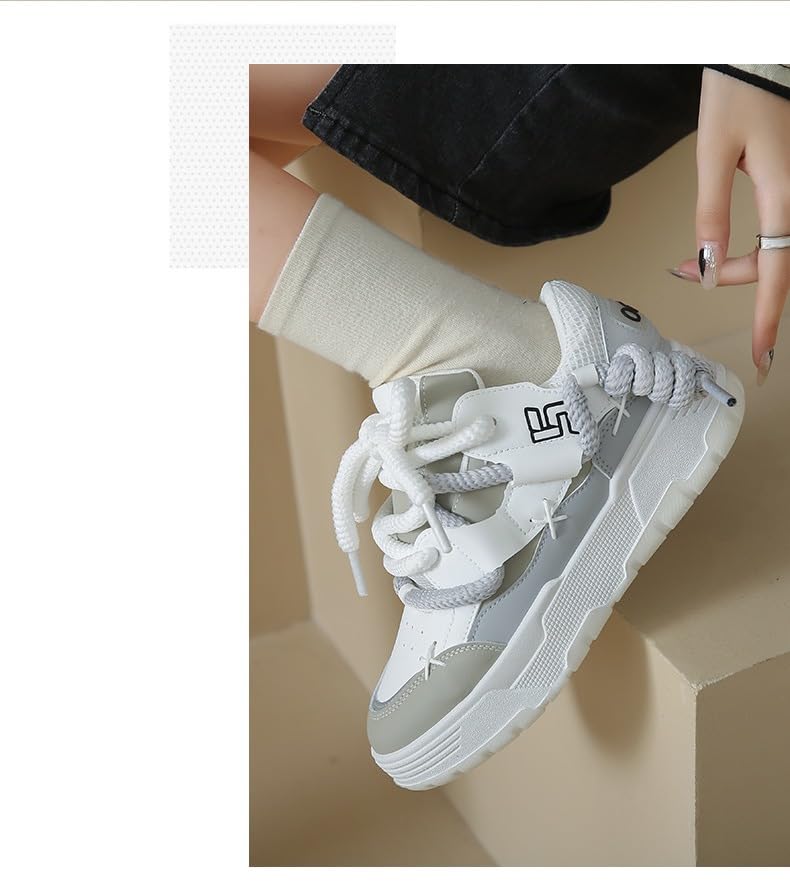 Y2K Wanderschuhe für Damen, niedliche Wanderschuhe, dicke Sohle, flache Plattform, klobig, Kawaii-Stil, GRAU, 37.5 EU