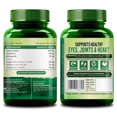 Image of Vlado's Himalayan Organics Vegetarian Omega 3 6 9 2000mg - Plant Based Essential Fatty Acids Supplement for Heart, Joint, Muscle & Skin Health - No Burps, Fish Free - 60 Veg Capsules (Pack of 3)