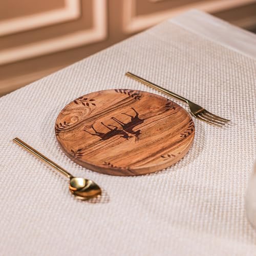 Image of Wild Grove Serving Plate - Carved Deer & Leaf Design, Elegant Acacia Wood Plate for Snacks, Cheese, Fruits, and Home Decor, 20x20 cm
