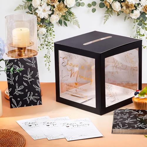 Image of Pajean 50 Pcs Greenery Share a Memory Card for Celebration of Life Cards Box with Clear Windows Memory Box for Funeral Wedding Birthday Graduation Bridal Shower Guest Card Ideas(Clear,Black Gold)