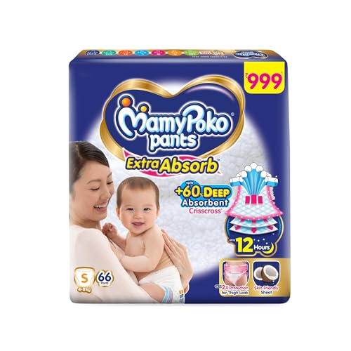Image of MamyPoko Pants Extra Absorb Baby Diapers, Small (S Size) | 4-8 kg | 66 Count |Deep Sleep Diapers| Soft Gentle fit |Deep Absorbent Crisscross | Skin Friendly with Coconut Oil |